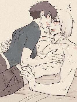 1boy 1girl artist_name biting black_hair blue_shirt blush closed_eyes dante_(devil_may_cry) devil_may_cry_(netflix) devil_may_cry_(series) girl_on_top highres jumpoon lady_(devil_may_cry) no_shirt shirt simple_background sweat white_hair