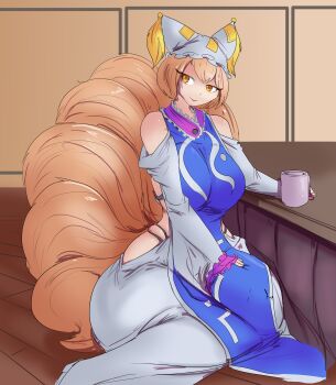 1girl absurdres ass_peek backless_dress backless_outfit blonde_hair blue_tabard bra bra_peek bra_strap breasts brown_background closed_mouth collar commentary crossed_bangs cup double-parted_bangs dress english_commentary fox_girl fox_tail frilled_sleeves frills greenm hand_on_own_leg highres holding holding_cup kneeling large_breasts long_sleeves looking_at_viewer mug multiple_tails off-shoulder_dress off_shoulder panty_straps purple_collar purple_trim short_hair smile solo tabard table tail thick_thighs thigh_peek thighs touhou underwear white_dress wide_sleeves wooden_floor yakumo_ran yellow_eyes