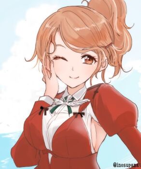 1girl aquila_(kancolle) armpit_cutout blue_sky breasts brown_eyes brown_hair clothing_cutout cloud commentary_request eyelashes hand_on_own_cheek hand_on_own_face kajii_supana kantai_collection large_breasts looking_at_viewer one_eye_closed ponytail sky smile solo twitter_username upper_body