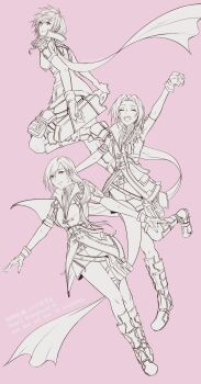 3girls absurdres aerith_gainsborough aerith_gainsborough_(guardian_corps_uniform) arm_up belt belt_buckle boots braid buckle closed_mouth commentary cosplay english_commentary final_fantasy final_fantasy_vii final_fantasy_vii:_ever_crisis final_fantasy_xiii fingerless_gloves full_body gloves highres in-franchise_crossover kirinomon lightning_farron lightning_farron_(cosplay) lineart long_hair looking_at_viewer miniskirt multiple_girls official_alternate_costume open_mouth pink_background single_braid skirt sleeveless sleeveless_jacket sleeveless_turtleneck sweater tifa_lockhart tifa_lockhart_(guardian_corps_uniform) turtleneck turtleneck_sweater zipper