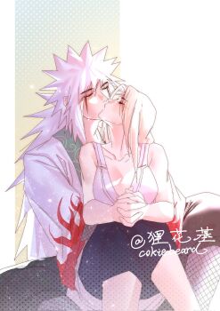 1boy 1girl artist_name bare_shoulders blonde_hair closed_eyes cokiebeard from_behind hetero highres jacket japanese_clothes jiraiya_(naruto) kiss long_hair long_sleeves naruto_(series) open_clothes open_jacket pants shirt sleeveless sleeveless_shirt spiked_hair tsunade_(naruto) twitter_username white_hair white_jacket