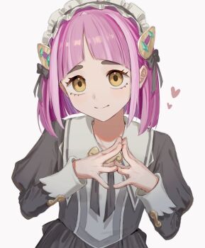 1girl arched_bangs black_dress brown_eyes closed_mouth dress hair_ornament hairclip heart highres juliet_sleeves lacey_(fall_2025)_(pokemon) lacey_(pokemon) long_sleeves looking_at_viewer maid maid_headdress mint_pk nintendo official_alternate_costume pink_hair pokemon pokemon_masters_ex puffy_sleeves short_hair smile solo steepled_fingers upper_body white_background