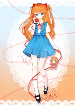 Rule 34 | 1girl, absurdres, alkalipeach, black shoes, blue eyes, blue skirt, character name, commentary, doll, full body, hair ornament, heart, highres, holding, holding phone, long hair, looking at viewer, neck ribbon, neon genesis evangelion, orange hair, phone, red ribbon, ribbon, school uniform, shirt, shoes, short sleeves, skirt, socks, solo, souryuu asuka langley, tokyo-3 middle school uniform, two side up, white shirt, white socks