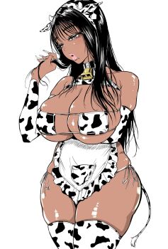 1girl animal_ears animal_print apron arm_under_breasts bare_shoulders bell bikini black_collar black_hair breasts brown_eyes cleavage collar cow_ears cow_girl cow_horns cow_print cow_print_bikini cow_tail cowbell cowboy_shot dark-skinned_female dark_skin eyepatch_bikini fake_animal_ears fake_horns fingernails highres horns huge_breasts large_breasts lips long_fingernails long_hair makeup mole mole_under_mouth nagisamade neck_bell original parted_lips pink_lips print_bikini print_thighhighs side-tie_bikini_bottom simple_background skindentation solo swimsuit tail thighhighs thighs waist_apron white_background white_nails