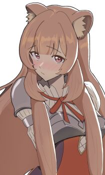 1girl animal_ear_fluff animal_ears armor black_dress blunt_bangs blush breasts brown_hair closed_mouth collared_dress commentary dress high_collar highres layered_dress long_hair long_sleeves looking_at_viewer medium_breasts metal_arm_cuffs neck_ribbon pauldrons pink_eyes pinstripe_dress pinstripe_pattern raccoon_ears raccoon_girl raised_eyebrows raphtalia red_dress red_ribbon ribbon shoulder_armor simple_background single_pauldron sleeveless sleeveless_dress solo straight_hair tate_no_yuusha_no_nariagari two-tone_dress upper_body wagomu_23 white_background white_dress