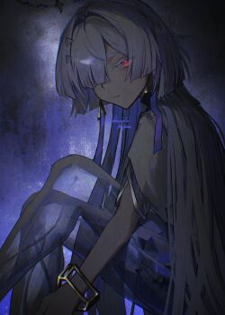 Rule 34 | 1girl, absurdres, colored eyelashes, commentary, earrings, grey hair, hair intakes, hair ornament, highres, jewelry, knees up, long hair, looking at viewer, looking to the side, mornye (wuthering waves), parted lips, red eyes, see-through body, sitting, solo, symbol-only commentary, takamatu hajime, triangle earrings, wuthering waves