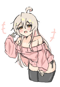 +++ 1girl ahoge black_thighhighs blonde_hair blush brown_eyes collarbone commentary_request crossed_bangs dot_nose double-parted_bangs hair_between_eyes highres leaning_forward long_hair long_sleeves looking_at_viewer off-shoulder_sweater off_shoulder onii-chan_wa_oshimai! open_mouth oyama_mahiro panties pink_sweater raised_inner_eyebrows roa_kyabetu side-tie_panties simple_background sleeves_past_wrists smile solo sweater thighhighs underwear upper_body white_background white_panties