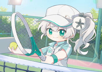 Rule 34 | 1girl, ahoge, alternate costume, ball, baseball bat, baseball cap, chain-link fence, closed mouth, collared shirt, commentary request, day, fence, green eyes, green hair, hair between eyes, hair ornament, hat, highres, holding, holding ball, long hair, looking at viewer, outdoors, polo shirt, quanmian shidai, racket, shirt, short sleeves, side ponytail, sky, smile, solo, sportswear, tennis ball, tennis racket, tennis uniform, upper body, virtual youtuber, wen xiaomian, wenxiaomian family, white hair, white shirt