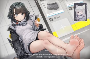 Rule 34 | 1girl, arknights, arknights: endfield, bare legs, barefoot, black hair, black jacket, closed mouth, commentary, crossed ankles, dress, endfield uniform, endministrator (arknights), english commentary, english text, feet, female endministrator (arknights), full body, grey eyes, hair ornament, highres, indoors, jacket, k-rha's, legs, light blush, long sleeves, open clothes, open jacket, parted lips, short hair, shorts, sitting, soles, solo, sweater, sweater dress, toes, white sweater