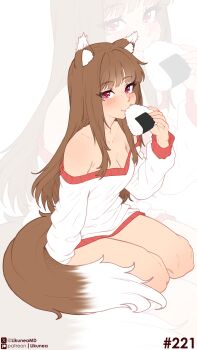 1girl absurdres animal_ear_fluff animal_ears bare_shoulders blunt_bangs blush breasts brown_hair cleavage commentary eating english_commentary food highres holding holding_food holo likunea long_hair looking_at_viewer off-shoulder_sweater off_shoulder onigiri patreon_logo patreon_username red_eyes sidelocks simple_background small_breasts solo solo_focus spice_and_wolf sweater tail twitter_username twitter_x_logo white_sweater wolf_ears wolf_girl wolf_tail zoom_layer
