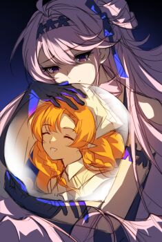 2girls bare_shoulders black_bow bow braid braided_sidelocks crying denia_(wuthering_waves) i_a_n multiple_braids multiple_girls orange_hair pink_hair shadow_hands sidelocks sigrika_(wuthering_waves) smile veil white_veil wuthering_waves