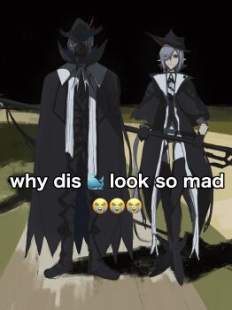 1boy 1girl absurdres arknights black_cape black_coat black_gloves black_hat black_mask cape coat crying_emoji dress emoji english_text full_body gladiia_(arknights) gloves grey_hair hair_over_one_eye hat highres holding holding_weapon kaa_kappa long_hair looking_at_viewer mask meme mouth_mask night outdoors pointy_ears red_eyes standing ulpianus_(arknights) weapon why_dis_ninja_look_so_mad_(meme)