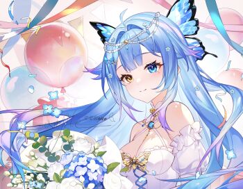 1girl ameki_(virtuareal) balloon bare_shoulders blue_flower blue_hair breasts brown_eyes butterfly_hair_ornament chinese_commentary cleavage commentary_request commission dress flower gradient_hair hair_flower hair_ornament heterochromia highres long_hair medium_breasts mole mole_under_eye multicolored_hair nijisanji pearl_hair_ornament pink_hair puffy_short_sleeves puffy_sleeves see-through_clothes see-through_sleeves short_sleeves smile solo streamers upper_body virtual_youtuber virtuareal white_background white_dress yellow_eyes yingying_hen_nice