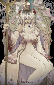 1boy androgynous art_nouveau ascot bare_shoulders bird black_hair blood blood_on_clothes bodysuit brooch closed_mouth covered_navel crossdressing crossdressing_(mtf) crown detached_sleeves dove dress e.g.o_(project_moon) faded_memories_(e.g.o) feet_out_of_frame hashtag-only_commentary hat highres holding holding_scepter holding_staff jewelry library_of_ruina long_hair male_focus motoiwork multicolored_hair project_moon roland_(project_moon) scepter sitting solo staff two-tone_hair white_ascot white_bird white_bodysuit white_dress white_hair
