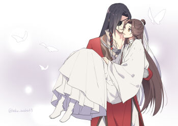 2boys bandaged_neck bandages beads black_hair boots braid brown_eyes brown_hair bug butterfly carrying chinese_clothes couple eyepatch fduki_maro full_body hair_beads hair_bun hair_ornament hair_ribbon half_updo hanfu hua_cheng insect jewelry long_hair long_sleeves looking_at_another male_focus multiple_boys necklace one_eye_closed one_eye_covered open_mouth pants parted_bangs parted_lips popped_collar princess_carry red_hanfu ribbon ribbon_braid robe side_braid sidelocks silver_necklace simple_background single_braid single_hair_bun smile tianguan_cifu twitter_username very_long_hair white_background white_boots white_butterfly white_hanfu white_pants white_ribbon wide_sleeves xie_lian yaoi