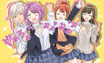 4girls :d ^_^ black_jacket blank_eyes blonde_hair blue_skirt blush bow bowtie brown_hair clenched_hand closed_eyes commentary cowboy_shot d4dj dressing drop_shadow hidaka_saori highres jacket long_hair long_sleeves matsuyama_dalia medium_hair merm4id_(d4dj) miniskirt mizushima_marika multiple_girls nervous_sweating open_clothes open_jacket open_mouth orange_hair orange_sweater plaid_clothes plaid_skirt pleated_skirt purple_hair raised_fist school_uniform seto_rika short_hair sidelocks skirt smile sweat sweater tan v-shaped_eyebrows white_hair white_sweater yellow_bow yellow_bowtie yukitake_(bullfalk)