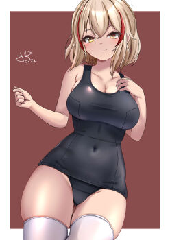 1girl azur_lane black_one-piece_swimsuit blonde_hair breasts cleavage commentary_request covered_navel dedorudy hair_between_eyes hand_on_own_chest hands_up highres hip_focus large_breasts medium_hair multicolored_hair one-piece_swimsuit red_hair roon_(azur_lane) skin_tight skindentation smile solo standing streaked_hair swimsuit thigh_gap thighhighs thighs two-tone_hair yellow_eyes
