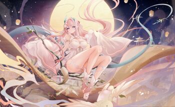 1girl absurdres asymmetrical_horns banchiyuebai bare_shoulders branch breasts cleavage closed_mouth clothing_cutout commentary_request detached_sleeves dragon_girl dragon_horns dragon_tail dress floating_hair flower full_body full_moon gold_trim gradient_background hair_flower hair_ornament hand_up highres horns jewelry lantern large_breasts legs light_particles light_smile long_hair long_sleeves looking_ahead mole mole_under_eye moon moonlight nail_polish night night_sky original paintbrush paper_lantern pelvic_curtain pink_dress pink_hair pink_nails pointy_ears purple_eyes sky sleeves_past_fingers sleeves_past_wrists solo tail thighlet thighs toenail_polish toenails underboob underboob_cutout very_long_hair wide_sleeves