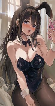 1girl :o animal_ears black_hair black_leotard black_pantyhose bow bowtie breasts cellphone cleavage collar hand_on_own_hip highres holding holding_phone iseya_chiyori_(saya) kneeling large_breasts leotard looking_at_viewer mole mole_on_breast open_mouth original pantyhose phone playboy_bunny purple_eyes rabbit_ears saya_(mychristian2) selfie sleeve_cuffs smartphone solo thigh_gap