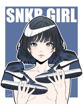 1girl bambi_surprise blue_eyes blue_hair blue_shoes gradient_hair grey_hair highres holding holding_shoes holding_unworn_clothes looking_at_viewer medium_hair multicolored_hair multicolored_shoes nude original shoes signature sneakers solo two-tone_shoes unworn_shoes upper_body white_shoes