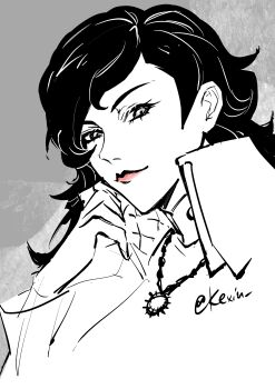 1girl absurdres artist_name black_hair coat collar digital_devil_saga grey_background grey_eyes highres jenna_angel jewelry kexiu lipstick long_hair looking_at_viewer makeup necklace partially_colored portrait shirt signature sketch solo white_coat white_shirt