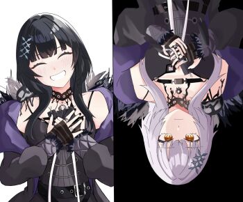 2girls belt black_belt black_choker black_dress black_hair black_jacket black_nails blush bookmark breasts chest_belt choker closed_mouth commentary dress dual_persona expressionless facing_viewer fingernails fur-trimmed_jacket fur_trim grey_hair grin hair_ornament hands_on_own_chest head_tilt highres hololive hololive_english jacket jewelry large_breasts long_fingernails long_hair long_sleeves looking_at_viewer multiple_girls multiple_rings nail_polish open_clothes open_jacket own_hands_together pendant_choker ring shiori_novella shiori_novella_(1st_costume) sleeveless sleeveless_dress smile soraha_123 spaghetti_strap split_screen symbol-only_commentary upper_body upside-down virtual_youtuber yellow_eyes yorick_(shiori_novella)