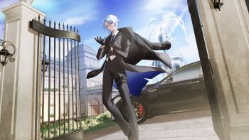 Rule 34 | 1boy, black coat, black gloves, black jacket, black pants, blue hair, blue necktie, breast pocket, bush, buttons, car, closed mouth, coat, coat on shoulders, coattails, collared shirt, commentary request, double-breasted, fountain, gate, genshin impact, gloves, hair between eyes, highres, hoyofair, jacket, kamisato ayato, kawausoman, lantern, lapels, long sleeves, looking at viewer, male focus, mansion, medium hair, mole, mole under mouth, motor vehicle, necktie, official art, pants, parted bangs, pinstripe jacket, pinstripe pants, pinstripe pattern, pocket, purple eyes, shirt, smile, solo, standing, stone floor, thigh strap, white shirt, wing collar