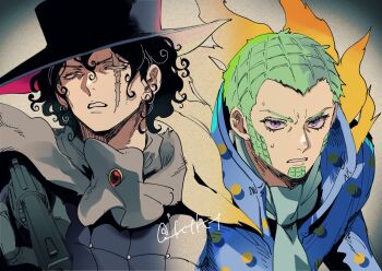 2boys black_hair black_hat clenched_teeth curly_hair facial_hair goatee green_hair gun hair_between_eyes half-closed_eyes handgun hat holding holding_gun holding_weapon jojo_no_kimyou_na_bouken katori_(katokichi) looking_at_viewer magenta_magenta male_focus medium_hair multiple_boys pink_eyes purple_eyes scar scar_across_eye scar_on_face short_hair steel_ball_run teeth very_short_hair weapon wekapipo