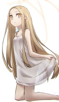 1girl angel_notes angel_wings bare_shoulders blonde_hair blush breasts commentary_request dress forehead halo highres kneeling long_hair looking_at_viewer parted_bangs small_breasts solo thighs v/v white_dress wings yellow_eyes yubeshi_(zecxl)