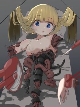1girl amputee armless_amputee blonde_hair blood blue_eyes breasts commentary_request commission cyborg exposed_internal_machinery exposed_muscle guro highres intestines no_nipples open_mouth original robot_ears saw scalpel severed_hand severed_torso skeb_commission small_breasts solo spine surgery yorinoa