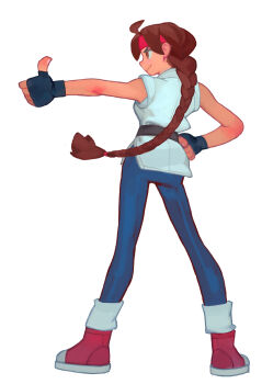 1girl braid brown_eyes brown_hair commentary english_commentary fingerless_gloves fl_(l-fl) gloves highres ryuuko_no_ken simple_background single_braid solo thumbs_up white_background yuri_sakazaki