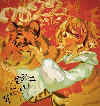 1girl 2022 black_hair blonde_hair brown_eyes chinese_zodiac commentary_request hair_ornament long_sleeves looking_at_viewer multicolored_hair open_mouth orange_background orange_vest shinjitsu_no_kuchi shirt short_hair smile solo streaked_hair tiger toramaru_shou touhou upper_body vest white_shirt year_of_the_tiger