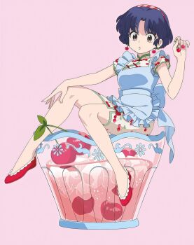 1girl blue_hair cherry food fruit highres ice non-web_source official_art open_mouth pink_background ranma_1/2 red_shoes shoes simple_background sitting solo tendou_akane