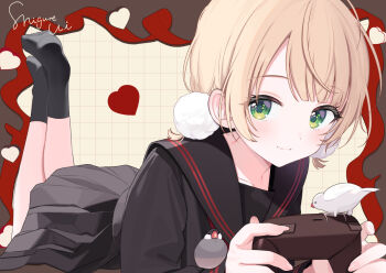 1girl alternate_costume bird black_sailor_collar black_serafuku black_shirt black_skirt black_socks blonde_hair blunt_bangs closed_mouth commentary controller feet_up game_controller green_eyes hair_ornament holding holding_controller holding_game_controller indie_virtual_youtuber long_sleeves looking_at_viewer low_twintails lying no_shoes official_alternate_hairstyle on_stomach pleated_skirt pom_pom_(clothes) pom_pom_hair_ornament sailor_collar school_uniform self-portrait serafuku shigure_ui shigure_ui_(vtuber) shirt short_hair skirt smile socks solo symbol-only_commentary the_pose twintails virtual_youtuber