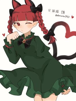 Rule 34 | 1girl, animal ears, blunt bangs, blush, cat ears, closed mouth, commentary request, covered navel, doonatsu0903, dress, extra ears, frilled dress, frills, green dress, heart, heart tail, highres, juliet sleeves, kaenbyou rin, long sleeves, medium hair, one eye closed, pointy ears, puffy sleeves, red eyes, red hair, simple background, solo, tail, touhou, twitter username, white background