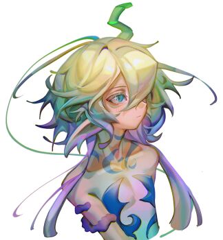 1boy blonde_hair blue_eyes closed_mouth cloud_(lufaeris) collarbone commentary english_commentary gradient_hair highres long_hair male_focus multicolored_hair original parted_bangs pointy_ears purple_hair simple_background solo upper_body white_background