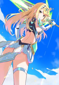1girl absurdres ass bakeneko1212 blonde_hair blue_background breasts commentary_request cowboy_shot energy_sword from_behind highres holding holding_sword holding_weapon long_hair looking_at_viewer looking_back mythra_(xenoblade) sky solo sword tiara weapon xenoblade_chronicles_(series) xenoblade_chronicles_2