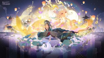 2girls absurdres anklet antlers architecture artist_request black_hair black_robe brown_eyes chinese_hairpin chroma's_mortal_heart_(infinity_nikki) closed_mouth cloud commentary copyright_logo deer_antlers different_reflection dress east_asian_architecture english_commentary floating full_body giant giantess grey_shawl hair_bun hair_ornament hair_rings hairpin half_updo hand_on_own_chin happy high_heels highres horns infinity_nikki jewelry lantern light_blush light_particles lily_pad logo long_hair long_sidelocks long_sleeves looking_at_viewer lying multicolored_hair multiple_girls multiple_hairpins night nikki_(series) ocean official_art on_stomach outdoors pagoda paper_lantern parted_lips purple_eyes reaching reflection reflective_liquid ripples robe second-party_source shawl shoes sidelocks single_hair_bun size_difference smile split-color_hair strapless strapless_dress town two-tone_hair very_long_hair where_wanxiang_weaves_life_(infinity_nikki) white_dress white_hair wide_sleeves yellow_hanfu yellow_horns yellow_shoes