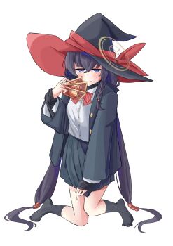 1girl absurdres bags_under_eyes black_hat black_jacket black_skirt black_socks blue_archive bow bowtie braid brown_halo card clothes_pull commentary_request cosplay diagonal-striped_bow diagonal-striped_bowtie diagonal-striped_clothes dress_shirt eri_(blue_archive) eri_(blue_archive)_(cosplay) full_body halo hat highres holding holding_card jacket kneeling knees_together_feet_apart l_sosn large_hat light_blush long_hair long_sleeves low_twintails no_shoes open_clothes open_jacket pleated_skirt purple_eyes red_bow shirt side_halo simple_background single_braid skirt skirt_pull sleeves_past_wrists socks solo striped_bow striped_bowtie striped_clothes tilted_halo twintails ui_(blue_archive) undershirt very_long_hair white_background white_shirt witch_hat