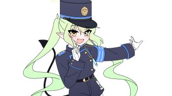 1girl :d aki_(user_zscy4544) armband belt black_belt black_jacket black_shorts blue_archive blue_armband blue_hat blue_trim blush buttons commentary demon_tail double-breasted fang green_hair hat highlander_railway_academy_logo highres hoshino_ruby_dance jacket long_hair long_sleeves nozomi_(blue_archive) open_mouth outstretched_arm peaked_cap pointing pointing_up shorts skin_fang smile solo tail thick_eyebrows twintails upper_body very_long_hair whistle white_background yellow_eyes