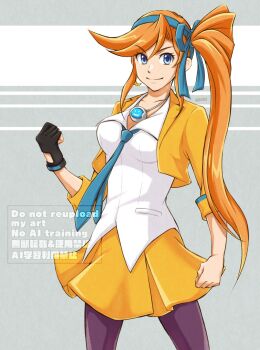 Rule 34 | 1girl, ace attorney, athena cykes, black gloves, blue bow, blue hairband, blue necktie, bow, bow hairband, clenched hands, closed mouth, collared shirt, cropped jacket, fingerless gloves, gloves, hair bow, hairband, highres, hiraishi wataru, jacket, jewelry, long hair, looking at viewer, necklace, necktie, orange hair, pantyhose, shirt, side ponytail, single glove, skirt, smile, solo, very long hair, white shirt, yellow jacket, yellow skirt