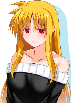 1girl bare_shoulders black_sweater blonde_hair collarbone commentary_request engo_(aquawatery) fate_testarossa long_bangs long_hair looking_at_viewer lyrical_nanoha mahou_shoujo_lyrical_nanoha_strikers parted_bangs pink_lips red_eyes sidelocks smile solo sweater upper_body very_long_hair white_background