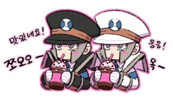 2boys armband black_coat black_hat brothers chibi chibi_only coat commentary_request cropped_torso drinking drinking_straw emmet_(pokemon) gloves grey_eyes grey_hair hat high_collar holding ingo_(pokemon) korean_commentary korean_text male_focus multiple_boys nintendo outline peaked_cap pokemon pokemon_bw seku_000 short_hair siblings translation_request upper_body white_background white_coat white_gloves white_hat