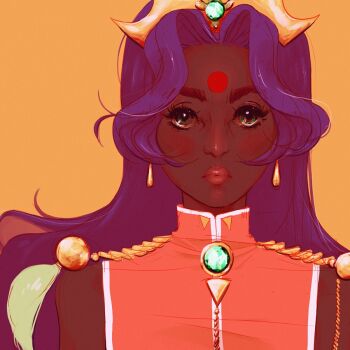 1990s_(style) aiguillette alexa_lindh bindi crown dark-skinned_female dark_skin earrings green_eyes himemiya_anthy jewelry lips long_hair purple_hair retro_artstyle shoujo_kakumei_utena sleeveless solo