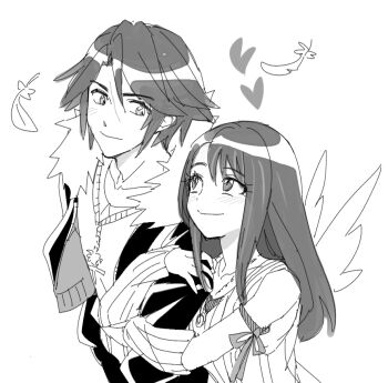 1boy 1girl arm_ribbon arm_warmers bare_shoulders black_jacket closed_mouth commentary couple dede_(qwea_00000) falling_feathers feathers final_fantasy final_fantasy_viii fur-trimmed_jacket fur_trim greyscale hair_between_eyes hetero jacket jewelry light_blush long_hair looking_at_another monochrome multicolored_hair necklace parted_bangs ribbon ring ring_necklace rinoa_heartilly scar scar_on_face scar_on_forehead shirt short_hair sketch smile squall_leonhart streaked_hair upper_body white_shirt wings