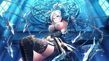 1girl anchor animal_collar ankle_cuffs arms_up ball_and_chain_restraint ball_gag barbed_wire bdsm belt_collar black_collar blue_collar bondage bondage_outfit bound bound_ankles bound_arms bound_wrists bowl breasts broken broken_chain brown_eyes buckle cage chain chain_necklace chained charm_(object) cleavage_cutout cleave_gag cloth_gag clothing_cutout collar constellation cross cuffs deep_one_kyomu_to_mugen_no_fragment dominatrix femdom flail framed_breasts from_below gag gagged garter_belt garter_straps gem glasses gold_chain handcuffs heart-shaped_lock holding holding_leash hook horyi_(deep_one) improvised_gag jewelry key large_breasts leash leash_pull linked_piercing lock long_hair looking_at_viewer magic_circle metal_collar mole mole_under_mouth moon_(ornament) navel necklace nipple_clamps non-web_source padlock pearl_(gemstone) pet_bowl piercing pink_collar pocket_watch prison prison_clothes restrained round_eyewear shackles shibari shibari_over_clothes shirt sickle slave sleeveless solo sparkle spiked_collar spikes spreader_bar straitjacket studded_collar suspension swing thighhighs thighs tied_up_(nonsexual) torn_clothes torn_shirt torture underboob_cutout viewer_holding_leash watch weapon whip whip_marks white_hair