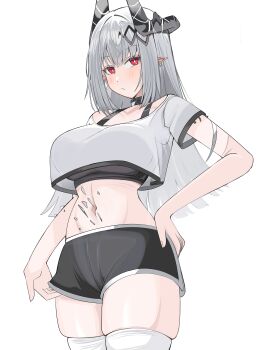 1girl absurdres alternate_costume arknights black_bra black_horns black_shirt blush bra breasts bright_pupils closed_mouth collar cowboy_shot cropped_shirt dolphin_shorts ear_piercing hair_ornament hand_on_own_hip highres horns infection_monitor_(arknights) large_breasts long_hair looking_at_viewer material_growth mudrock_(arknights) navel oripathy_lesion_(arknights) piercing pointy_ears red_eyes shirt short_sleeves shorts simple_background skindentation solo spam_(spamham4506) sports_bra standing stomach thick_thighs thighhighs thighs underwear white_background white_hair white_pupils white_shirt white_thighhighs