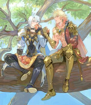 Rule 34 | 2boys, abs, antenna hair, apple, arm tattoo, armlet, armor, armored boots, bare pectorals, black choker, black coat, black gloves, black pants, black shirt, blonde hair, blue cape, blue eyes, blue sky, boots, braid, bunnyclvb, cape, chest tattoo, choker, clawed gauntlets, coat, commentary, earrings, english commentary, facial tattoo, fingerless gloves, food, fruit, gloves, gold earrings, gold necklace, gradient hair, holding, holding food, holding fruit, honkai: star rail, honkai (series), in tree, jewelry, looking at another, male focus, medium hair, multicolored hair, multiple boys, mydei (honkai: star rail), neck tattoo, necklace, open clothes, open coat, pants, parted bangs, pauldrons, pectorals, phainon (honkai: star rail), red cape, red hair, red tattoo, shirt, short hair, shoulder armor, side braid, side cape, single pauldron, sitting, sitting in tree, sky, sun symbol, sun tattoo, tan, tattoo, toned, toned male, tree, white coat, white hair, yellow eyes