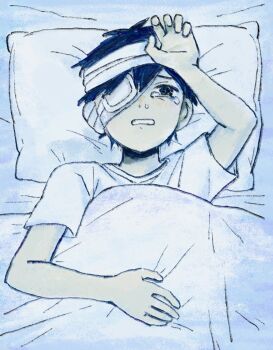 1boy antenna_hair arm_up bandage_over_one_eye bandaged_head bandages bare_arms bed_sheet black_eyes black_hair clenched_teeth crying crying_with_eyes_open double-parted_bangs hair_behind_ear hand_on_own_forehead hashtag-only_commentary highres looking_up lying male_focus official_alternate_costume omori on_back one_eye_covered raised_inner_eyebrows scene_reference shirt short_hair short_sleeves simple_background solo spoilers straight-on sunny_(hospital_gown)_(omori) sunny_(omori) tears teeth under_covers uowhx upper_body very_short_hair white_shirt