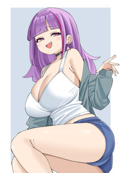 1girl bare_shoulders black_choker blue_shorts border breasts choker cleavage commentary_request fang grey_background grey_jacket highres jacket large_breasts long_hair looking_at_viewer multicolored_hair nekomatagi open_mouth original outside_border purple_eyes short_shorts shorts smile solo streaked_hair tank_top white_border white_tank_top